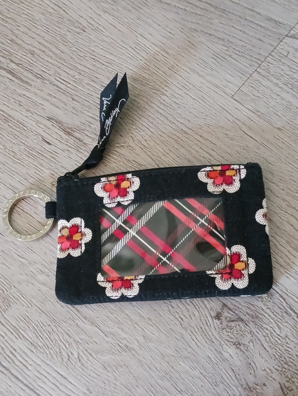 Vera Bradley Retired Pirouette Black Floral Card Wallet with Red Plaid Interior